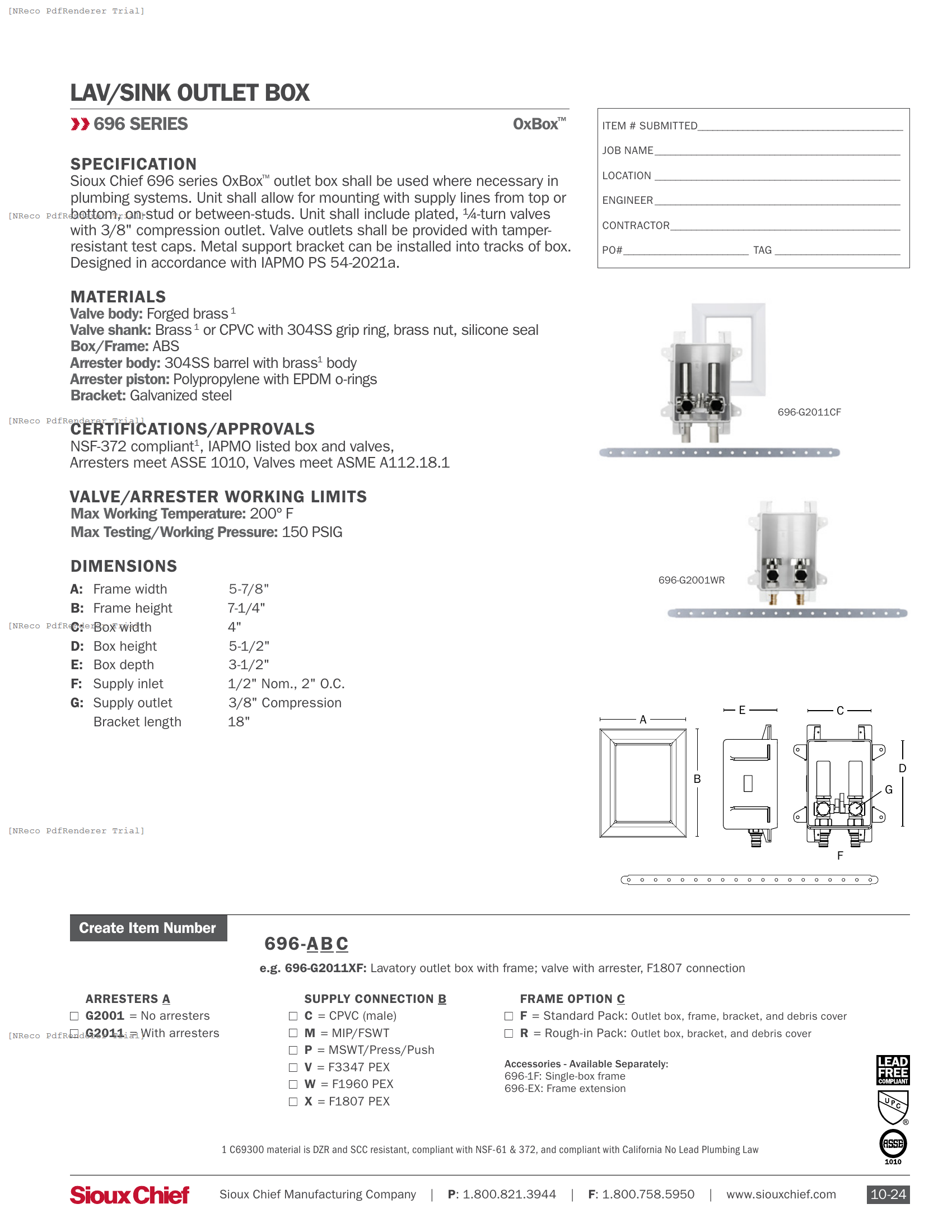 696 SERIES - OXBOX LAV-SINK OUTLET BOX - SPEC SHEET.PDF Specification Document